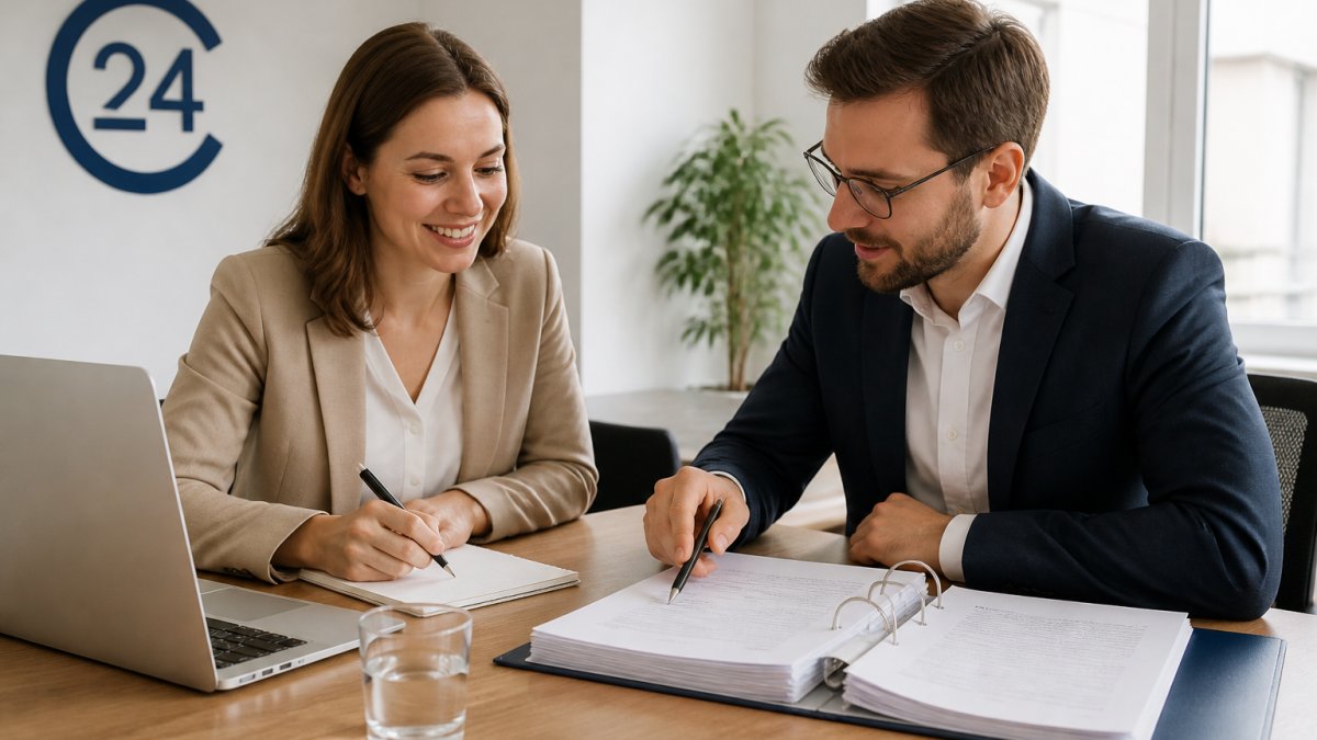 Eine Gründerin und ein Gründer sitzen an einem Tisch mit Laptop und Notizen, daneben ein aufgeschlagener Ordner mit Unterlagen zur Rechtsformwahl, helle moderne Büroumgebung