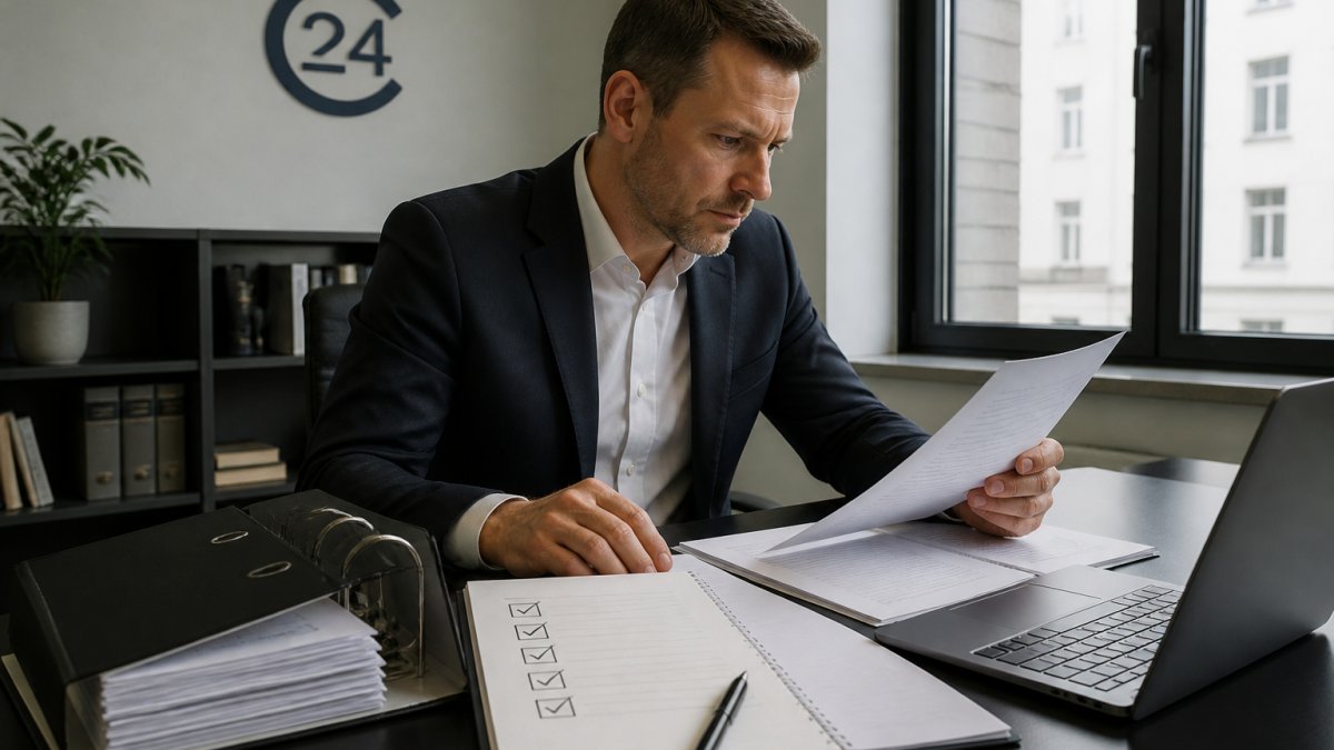 Arbeitsplatz mit Ordner, Checkliste und Laptop: Dokumentation einer GmbH-Liquidation