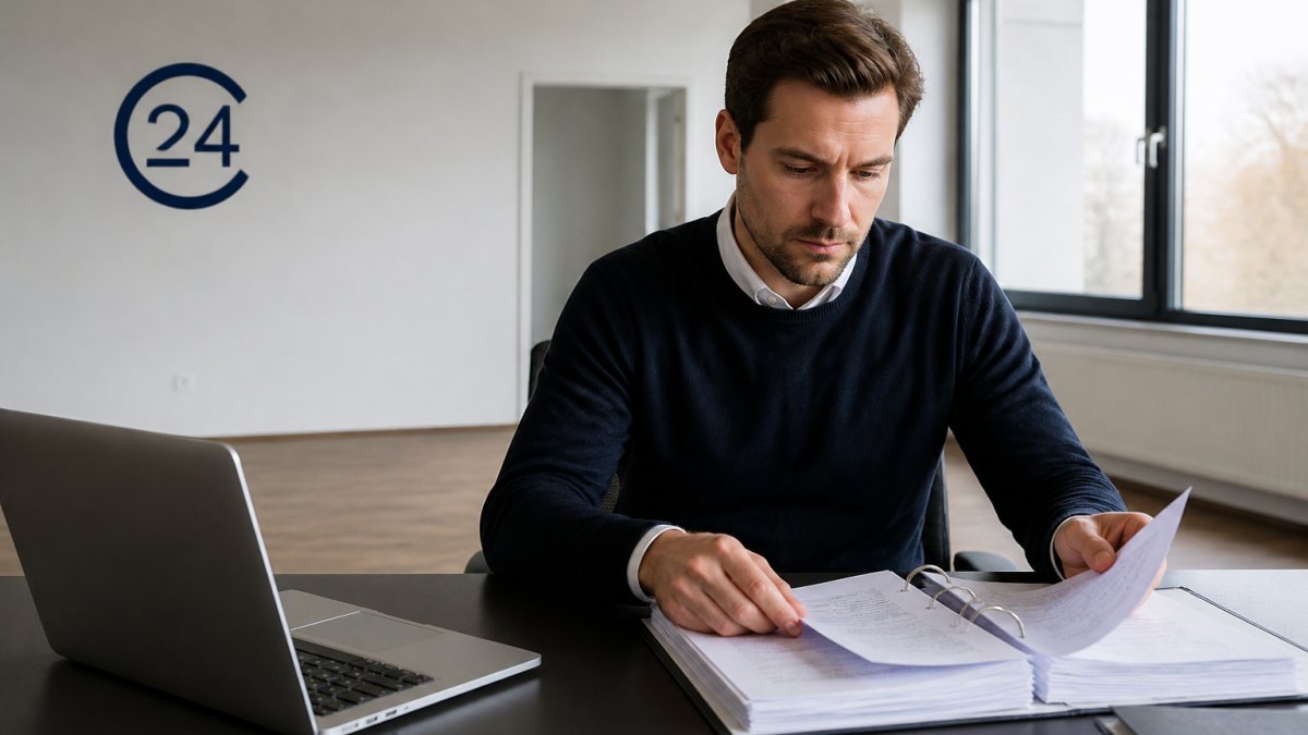 Ein Geschäftsführer sitzt allein an einem aufgeräumten Schreibtisch in einem leeren Büro, vor sich ein Ordner mit Unterlagen und ein Laptop, wirkt konzentriert und entschlossen