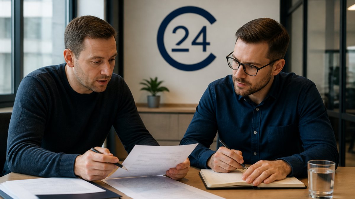 Zwei Gründer sitzen an einem Besprechungstisch mit Notizblock und Laptop, vergleichen Unterlagen und besprechen konzentriert die Wahl ihrer Rechtsform