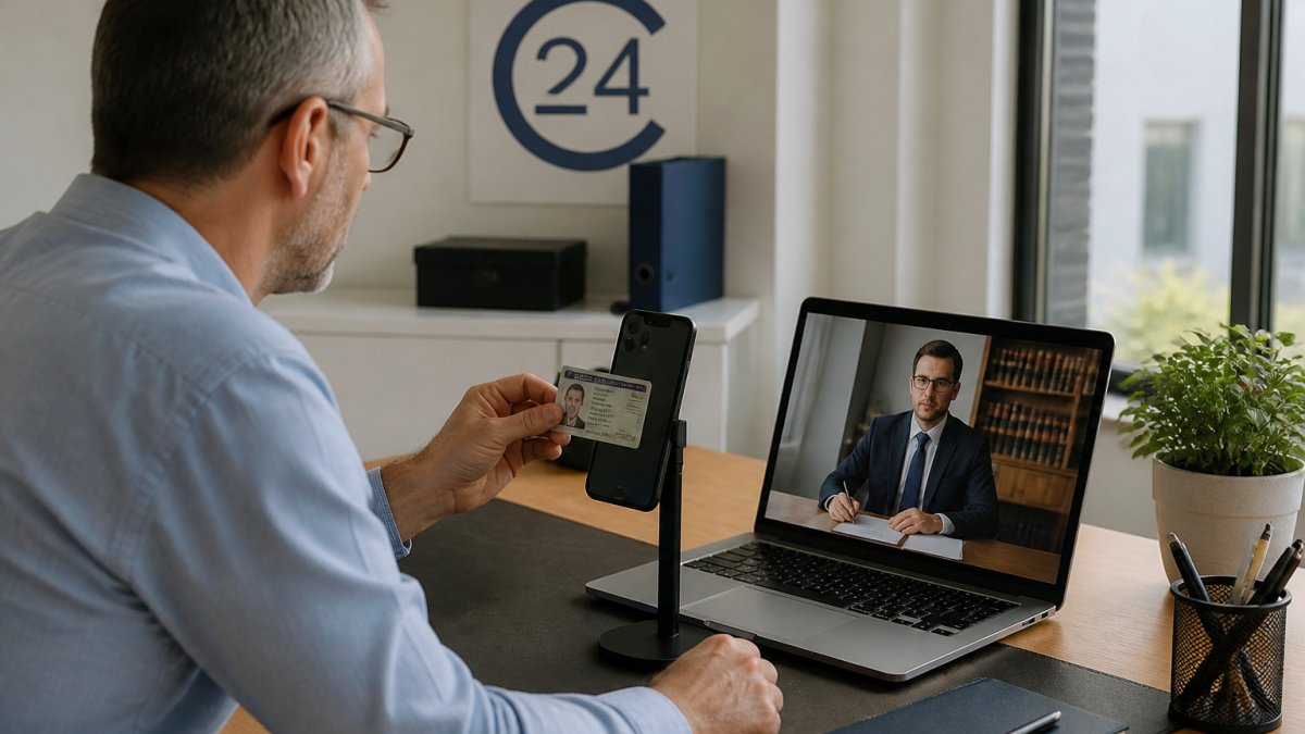 Eine Person mittleren Alters sitzt an einem aufgeräumten Schreibtisch und hält ihren Personalausweis vor ein Smartphone, während auf dem Laptop daneben ein Videofenster mit einem Notar zu sehen ist