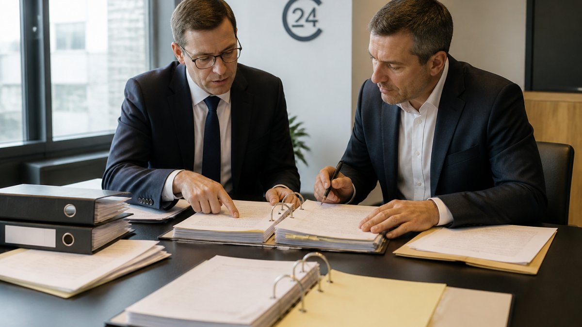 Ein Notar und ein Steuerberater prüfen gemeinsam Vertragsunterlagen und Ordner am Konferenztisch, daneben ein Laptop mit Registerauszug